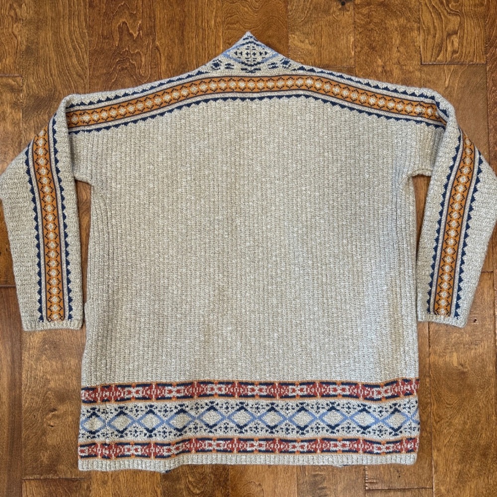 Lucky Brand Cardigan Sweater Sz Large Beige Southwestern Aztec Knit Open Front - Picture 3 of 10